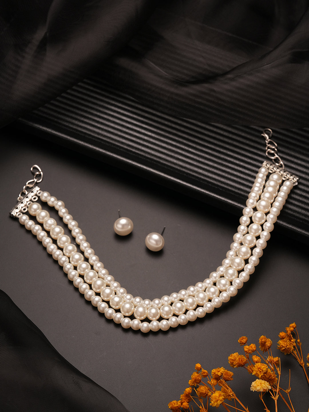 3 String Layered Pearl Beaded Statement Choker Necklace Jewellery Set